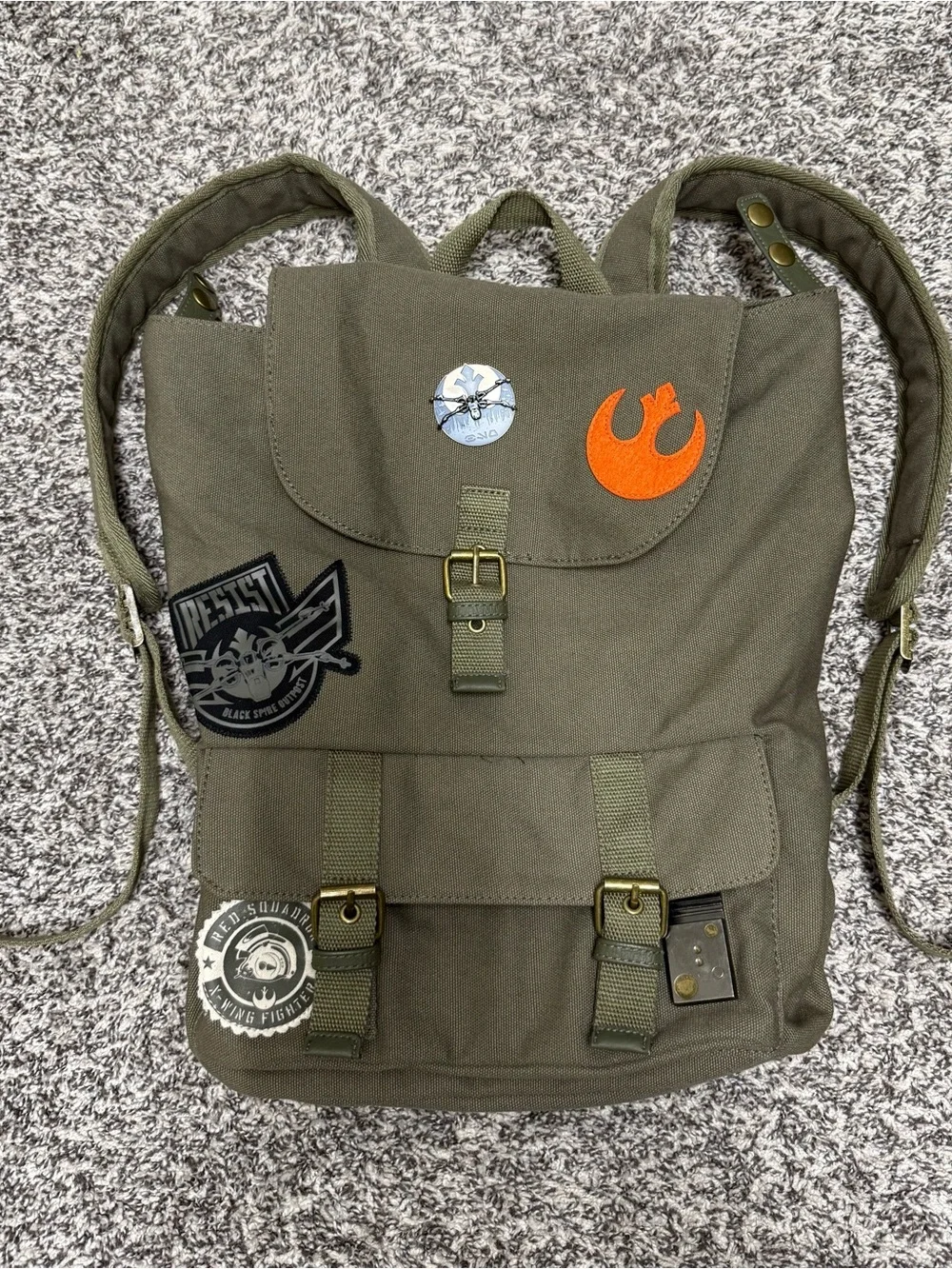 Disney Star Wars Olive Green Canvas Backpack with Patch Details NWT